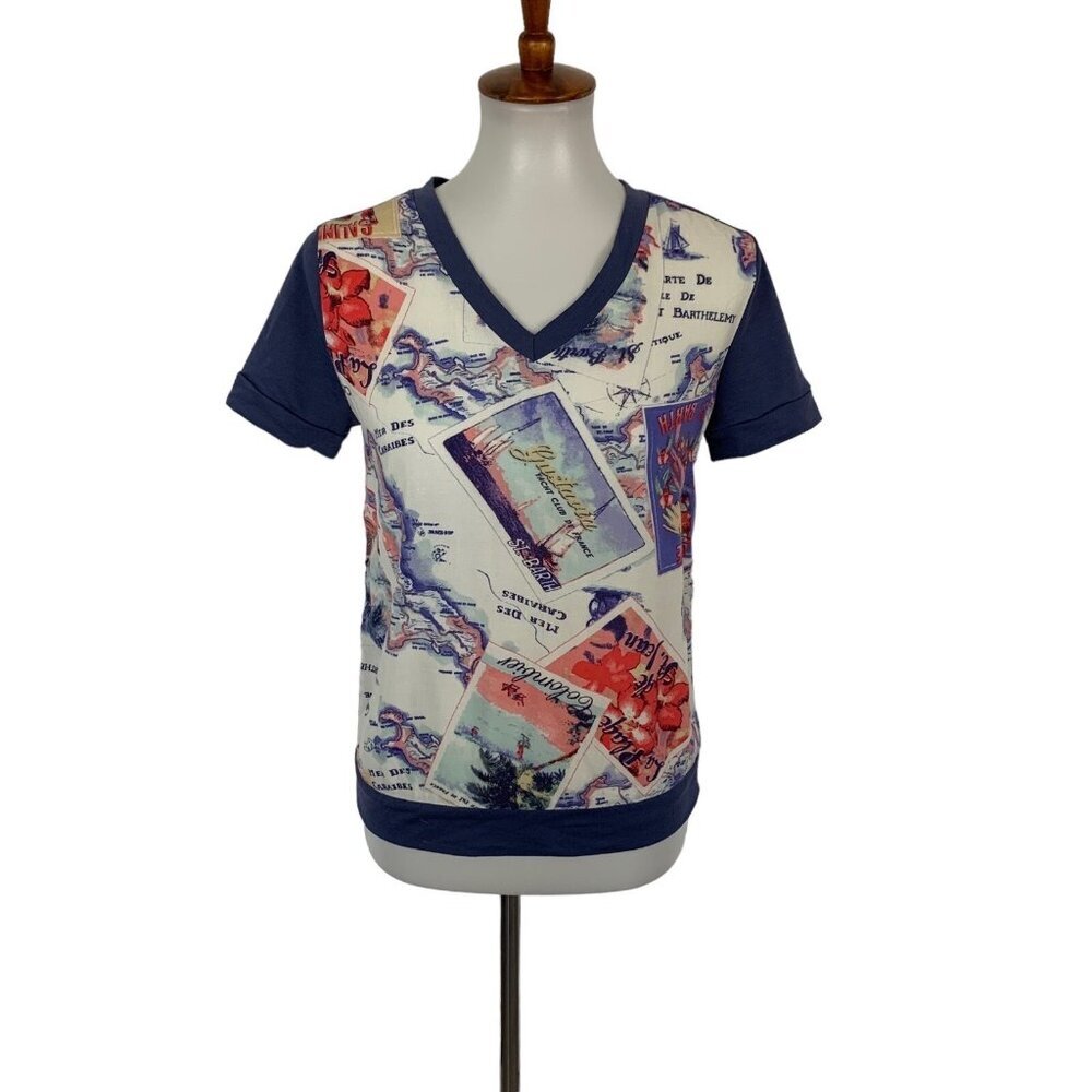 Peter Som‎ Design Nation Top XS Short Sleeve Blue Printed Artsy Modern